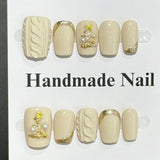 Popxstar  10pcs Yellow Short Almond Handmade False Nails Art with Golden Pattern Design Press on Nails Tips Wearable Christmas Fake Nail