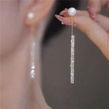 Popxstar Korean Long Tassel Pearl Dangle Earrings for Women Luxury Full Rhinestone Gold Color Drop Earrings Wedding Party Jewelry Gift
