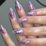 Popxstar  24Pcs Purple Fake Nails Almond Press on Nails Silver Star Designs Full Cover False Nails Tips Woman Y2K Girls Wearable Manicure