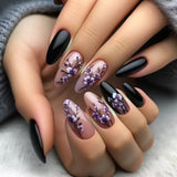 Popxstar  Purple Flower Press on Nails 24Pcs Almond/Coffin Wearable Fake Nails Flower Printed Woman DIY Manicure Acrylic False Nails Tips