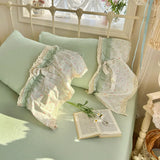 4Pcs Bedding Set Floral Rabbit Bow Lace Bed Sheets With Green Duvet Cover Muslin Bedding Bed Sheets Kawaii Princess Bedding