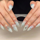 Popxstar 24Pcs Pink Almond False Nails Butterfly Ballet with French Design Wearable Fake Nails Simple Artificial Press on Nails Tips Art