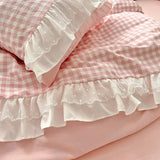 Popxstar Korean Princess Style Lattice Double Layer Lace Bedding Set Soft Quilt Cover Plaid Style Duvet Covers Set Bed Sheet Pillowcases