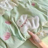 4Pcs Bedding Set Floral Rabbit Bow Lace Bed Sheets With Green Duvet Cover Muslin Bedding Bed Sheets Kawaii Princess Bedding