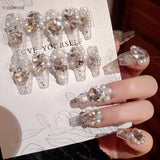 Popxstar  24Pcs Long Ballerina Fake Nails Sparkly Diamond Designs Press on Nails White Pearl Clear False Nails for Women Bride Wedding