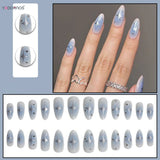 Popxstar  Y2K Girls Almond Fake Nails Gradient Blue Press on Nail Star Printed Full Cover Wearable False Nails Tips for Women DIY Manicure