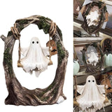 Spooky Halloween Ghost on Tree Swing Cute Resin Funny Ghost Decor Handcrafted Ghost Tree Swing Statue