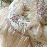 Popxstar  Premium Egyptian Cotton Luxury Wedding Bedding Set Flowers Embroidery Organza Lace Ruffles Duvet Cover Set Bed Sheet Pillowcases