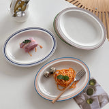 Popxstar  Ceramic Oval Dish Plates Korean  Style Striped Porcelain Dinnerware Vegetables Fruit Salad Pasta Breakfast Plates Kitchen Dishes