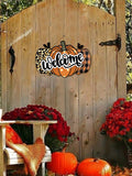 Popxstar 1pc 11*7.28inch Autumn Leopard Print Pumpkin Door Sign, Welcome Pumpkin Wooden Sign , Wall Decor, Home Decor, Room Decor