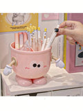 Cute Cartoon Face Large Capacity Pen Holder - Office Desk Organizer Box For Pens, Markers And Stationery, Portable Design Suitable For Students And Office, Blue And Pink With Playful Happy Faces, Office Supplies And Accessori