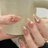 Popxstar  French Fake Nails Stick-on Long Ballet Pink False Nails with Rhinestone Designs Full Cover Acrylic Press on Nails for Women Girl