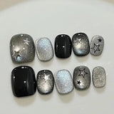 Popxstar  10pcs Sequins Full Cover Nail Tips Short Square Handmade False Nail Art Pearl Bow Design Press on Nails Reusable Round Fake Nail