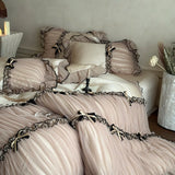 Popxstar  Romantic Lace Ruffles Bow Wedding Bedding Set 800TC Lyocell Silky Cooling Duvet Cover Flat/Fitted Bed Sheet Pillowcases 4Pcs