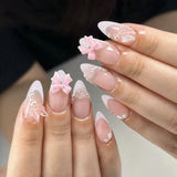 popxstar Pink French Style Fake Nails Almond Ballerina Press on Nails 3D Bowknot Designs Nude Color Stick-on False Nails Tips 24Pcs