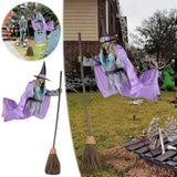 Halloween Animated Hovering Witch Animatronics Purple 6 FT Garden Props Flying Witch With Lights Hovering Witch Decorations