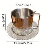 Popxstar  Rhinestone Coffee Cup Set with Saucers Shimmering Stainless Steel Insulated Mugs  Dessert Plates for Americano Latte Cafe Gift