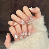 10pcs Creme Lace Bowknot Fake Nails Coffin Handmade Press on Nails French Cat Eye False Nails Sweet Pearl Rhinestone Nail Art