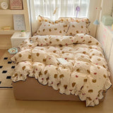 Popxstar  New cream lace girl powder grid Korean version bed four-piece set washed cotton double-layer yarn quilt cover dormitory