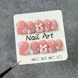 Popxstar  10pcs Sweet Nude Pink Handmade Press on Nails Art Bow Design Short Square Fake Nail Tips Flower Diamond Design French False Nail