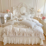Popxstar  Floral Lace Ruffles 100% Cotton Double Yarn Soft Bedding Set Duvet Cover Quilted Bedspread Bed Skirt Bed Sheet Set Pillowcases