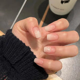 Popxstar  Nude Pink Almond Fake Nails Women Simple Charm Manicure Full Cover Press on Nails Bowknot Printed Detachable False Nails 24Pcs