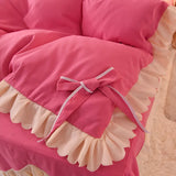 Popxstar Korean Princess Style Bedding Set Soft Thickened Duvet Cover Bed Sheet Skirt and Pillowcases Cute Bow Girls Pink Comfort Cover