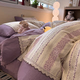 3/4Pcs Bedding Set Korean Lace Trim Purple 2-Seater Bed Down Duvet Cover Queen Sheets Bed Linen Cotton Full-Size Four-Season