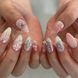 Popxstar 24pcs White Flower Fake Nail Tips Ins Yellow Pink Blush False Nails Wearable Full Cover European Almond Shaped Press on Nails