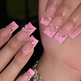 Popxstar  24Pcs Pink Ballet False Nails Mid-length Coffin Press On Nails French Tips Stick-on Fake Nails Shiny Diamond Bowknot Decor