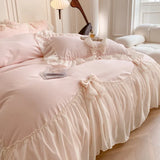 Popxstar Chiffon Lace Bedding Set Pink France Romantic Princess Wedding Ruffles Bow Soft Duvet Cover Bed Sheet Pillowcases Home Textile