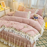 Popxstar Pink Korean Princess Style Bedding Set Flowers Lace Ruffles Embroidery Quilted Thick Duvet Cover Bedspread Bed Skirt Pillowcases