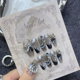 Popxstar  10Pcs Black Handmade Press on Nails Flower Ballet Wearable Rhinestone False Nails Decoration Chinese Manicure Fake Nails Tips