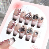 Popxstar  24Pcs Pink Fake Nails Y2K Style Press on Nails Big Sparkly Rhinestone Designs Black French Tips False Nails for Women y2k Girls