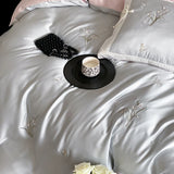 Popxstar  Chinese Style Orchid Embroidery Luxury Bedding Set 800TC Lyocell Silky Cooling Duvet Cover Flat/Fitted Bed Sheet Pillowcase 4Pcs