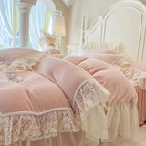 Popxstar  Romantic Lace Ruffles Handmade Beads Velvet Winter Warm Thickened Princess Bedding Set Duvet Cover Bed Skirt Pillowcases 4Pcs