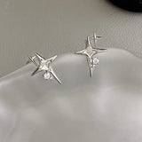 Popxstar Fashion Silver Color Cross Star Zircon Stud Earrings for Women Girl Korean Four-Pointed Star Personality Earring Jewellery