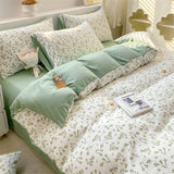 Popxstar Korean Retro Floral Bedding Set 100% Washed Cotton Bed Sheets Set Soft Duvet Cover Bed Linen Pillowcase Single Double Queen King