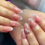 Popxstar  24Pcs White French Tips Fake Nails Nude Pink Almond Press On Nails Charms 3D Flower Designs Sweet Girls Full Cover False Nails