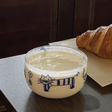 Popxstar Salad Bowl Transparent Cat Line Art Glass Bowl Borosilicate Fruit Yogurt Bowl Microwave Style Dessert Walled Snack Container