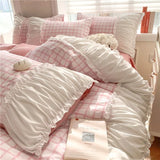 Popxstar Korean Style Princess Bedding Set Luxury Pink Lattice Duvet Cover Ruffles Lace Bedspread Bed Sheet Pillowcases
