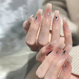 Popxstar 24Pcs Long Ballet False Nails Transparent Press on Fake Nails with Rhinestone Bow Heart Design Removable Artificial Nail Tips