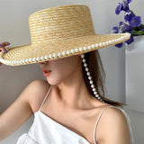 Popxstar Wheat Straw Sun Hat For Women Summer Pearl Wide Brim Floppy Panama Fishermen Hats Female Lady Outdoor Foldable Beach Sun Caps