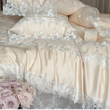Popxstar  Romantic White Flowers Lace Princess Wedding Bedding Set 100S Egyptian Cotton Duvet Cover Flat/Fitted Bed Sheet Pillowcases 4Pcs