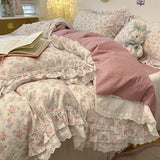 Popxstar  4Pcs Vintage French Fresh Floral Lace Ruffles 100% Cotton Bedding Set Duvet Cover Bed Skirt/Bed Sheet/Fitted Sheet Pillowcases