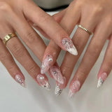 Popxstar  24Pcs Almond False Nails Cute Strawberries with French Design Simple White Wearable Fake Nails Decoration Press on Nail Tips Art
