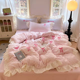 Korean Style Bedding Sets Pink Grid Bow Quilt Cover Romantic Bed Sheet Sets Woman Girls Bedroom Duvet Cover 4pcs