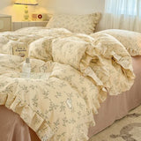 Popxstar  Princess Style Bedding Sets Ruffle Lace Bow Quilt Cover Romantic Bedclothes Decor Woman Girls Bedroom Duvet Cover 4pcs