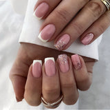 Popxstar 24pcs Glitter Short Square Fake Nails Sets Rhinestones French Design False Nail Tips Reusable Pink Press on Nails Tips Manicure