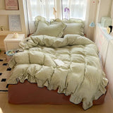 Popxstar  New cream lace girl powder grid Korean version bed four-piece set washed cotton double-layer yarn quilt cover dormitory